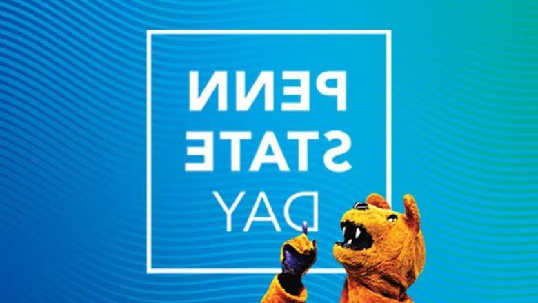 Nittany Lion mascot pointing to text reading "Penn State Day"